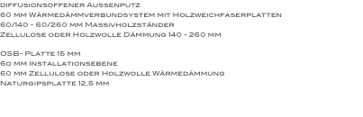 diffusionsoffener Aussenputz
60 mm Wärmedämmverbundsystem mit Holzweichfaserplatten
60/140 - 60/260 mm Massivholzständer
Zellulose oder Holzwolle Dämmung 140 - 260 mm

OSB- Platte 15 mm
6o mm Installationsebene
60 mm Zellulose oder Holzwolle Wärmedämmung 
Naturgipsplatte 12,5 mm